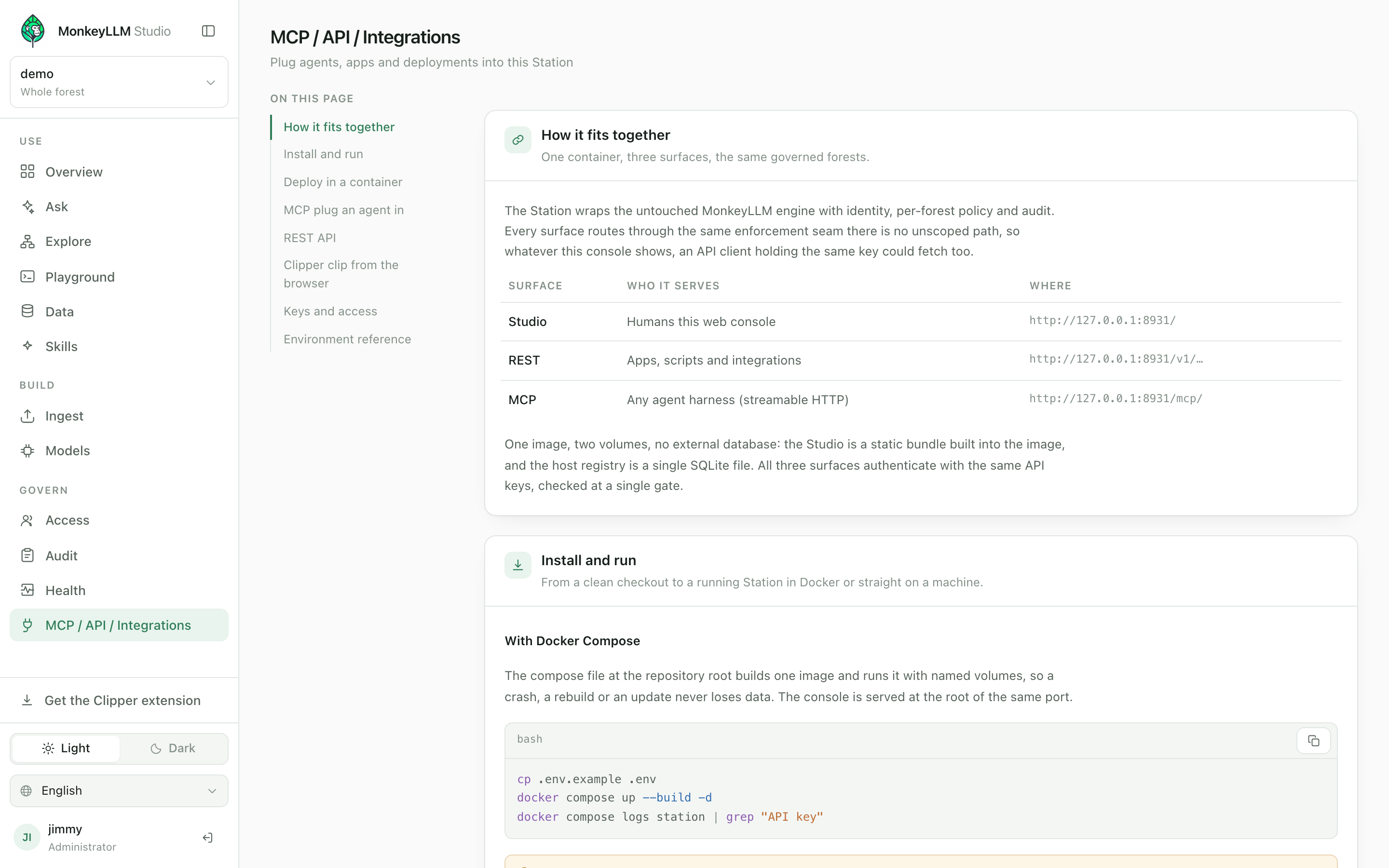 The Integrations screen: connection snippets for this deployment, with the address filled in